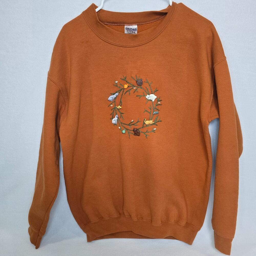 Y2K Cat Sweatshirt Womens M Burnt Orange 3D Applique Embroidered Cottagecore